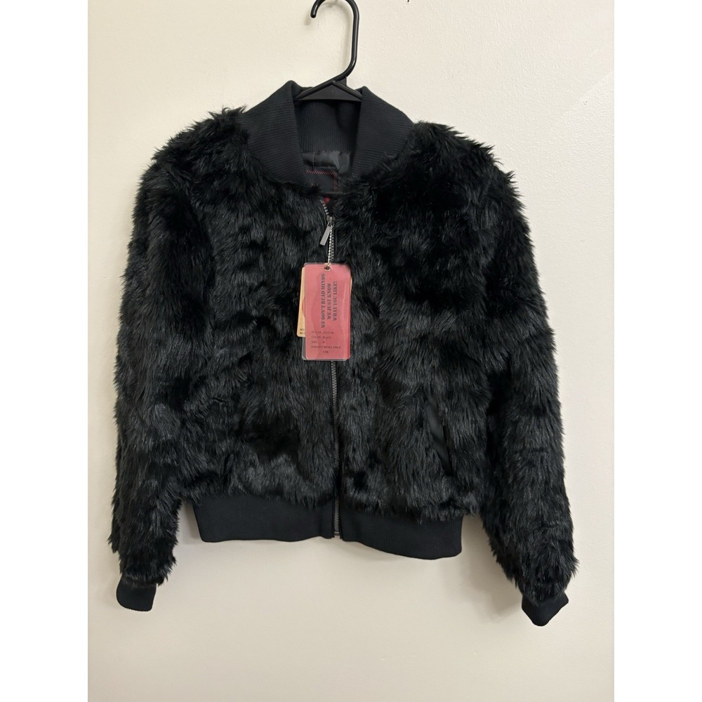 Yoki Black Vegan Fur Bomber Jacket Women's Size M NWT Zip Up Shaggy Fuzzy Coat